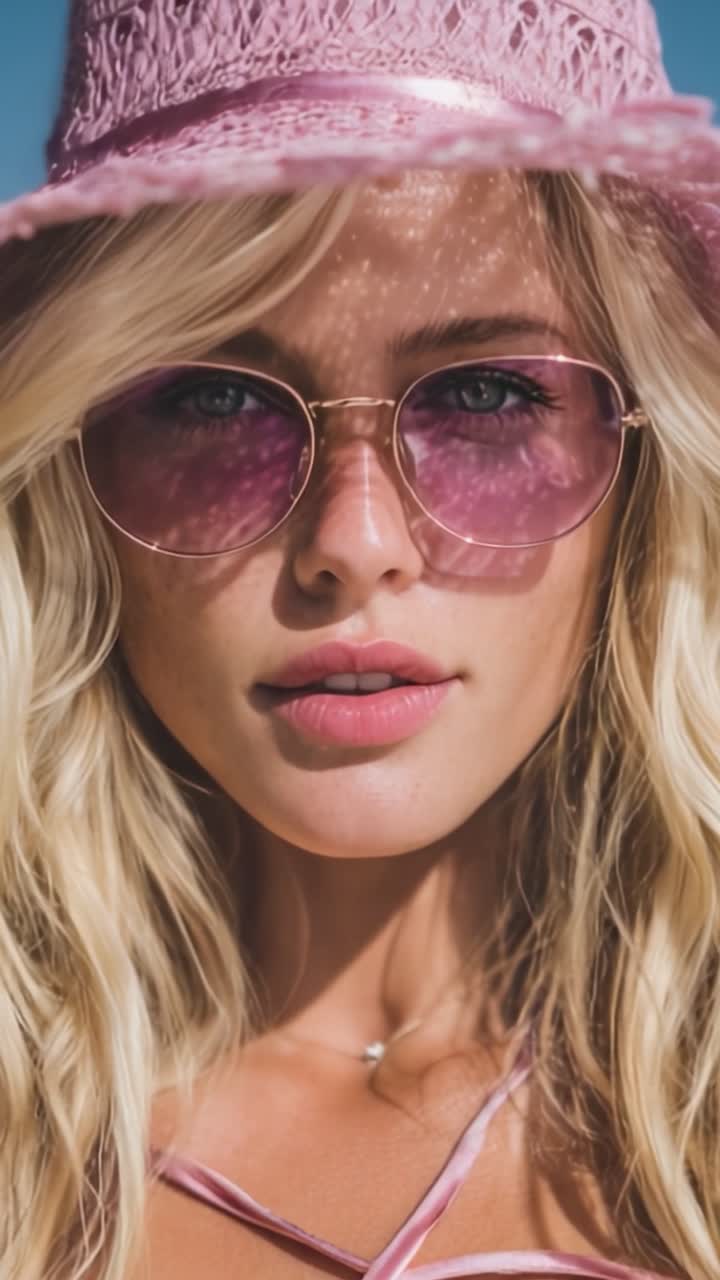 Primo piano accattivante di una giovane donna con occhiali da sole rosa e cappello alla moda, che irradia eleganza estiva e sicurezza sotto un cielo azzurro brillante.
