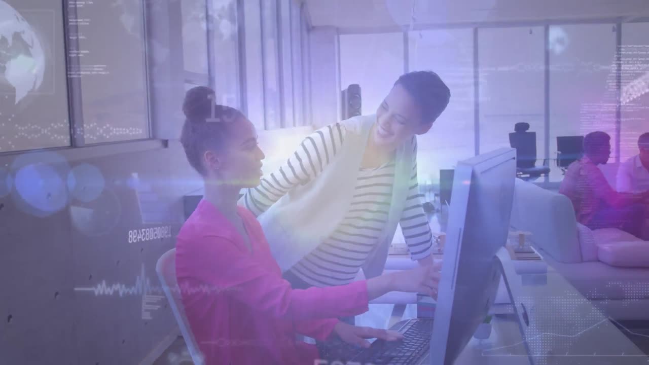 Animation of data processing over diverse business people using computers