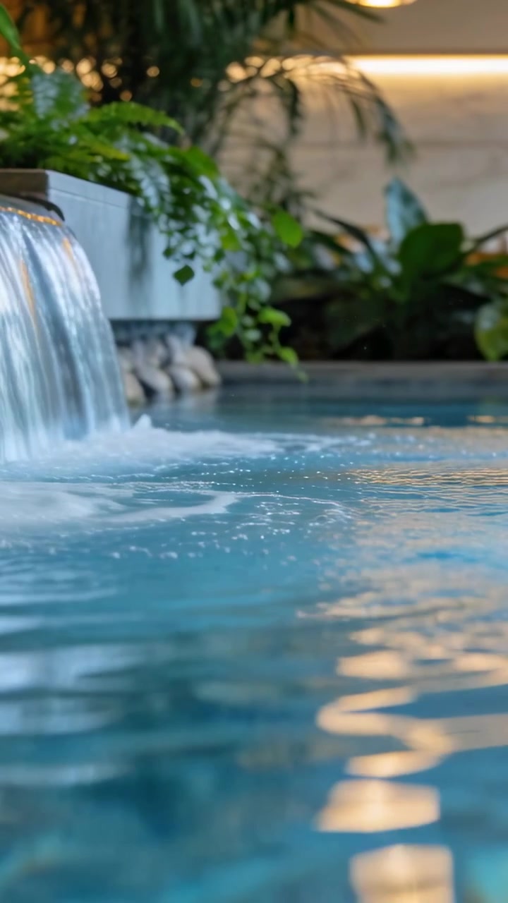 Lodret video: Hældende metalstuds sender vand ned i en spapool for at skabe stemning med skum og lys