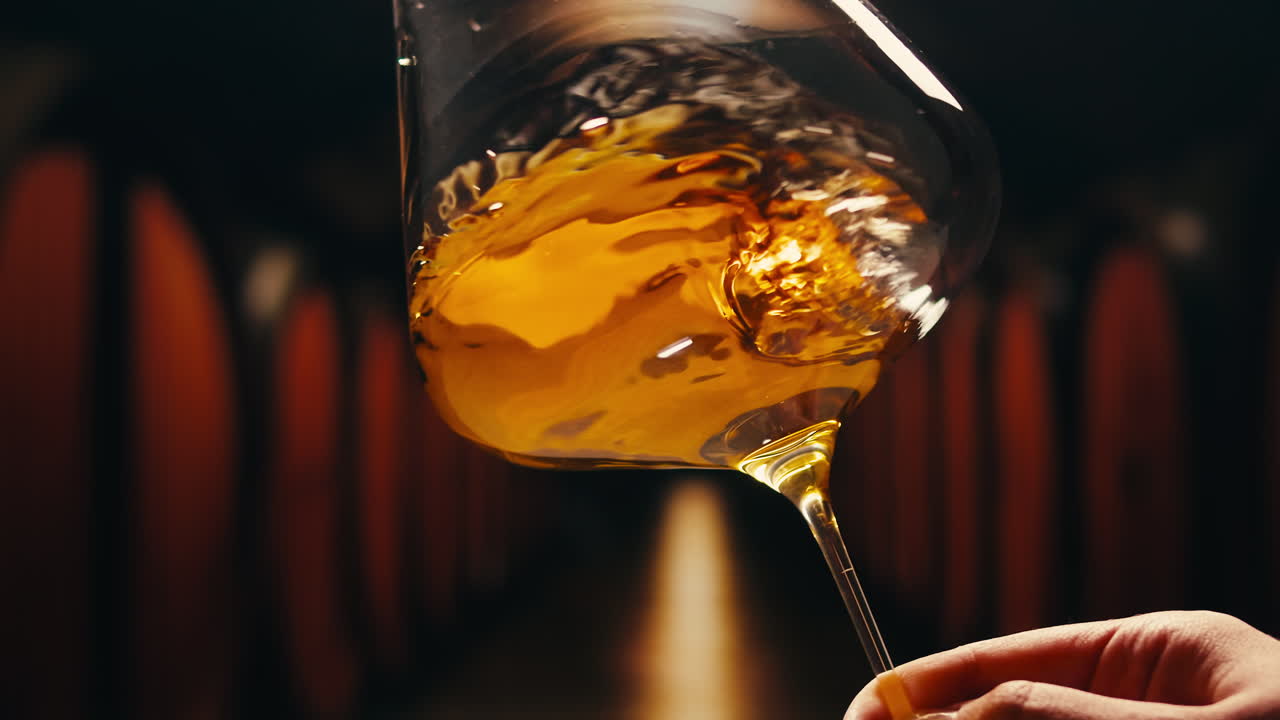 Orange or white wine bottle and glass against a sunset in a peaceful vineyard, pouring of ecological natural wine.