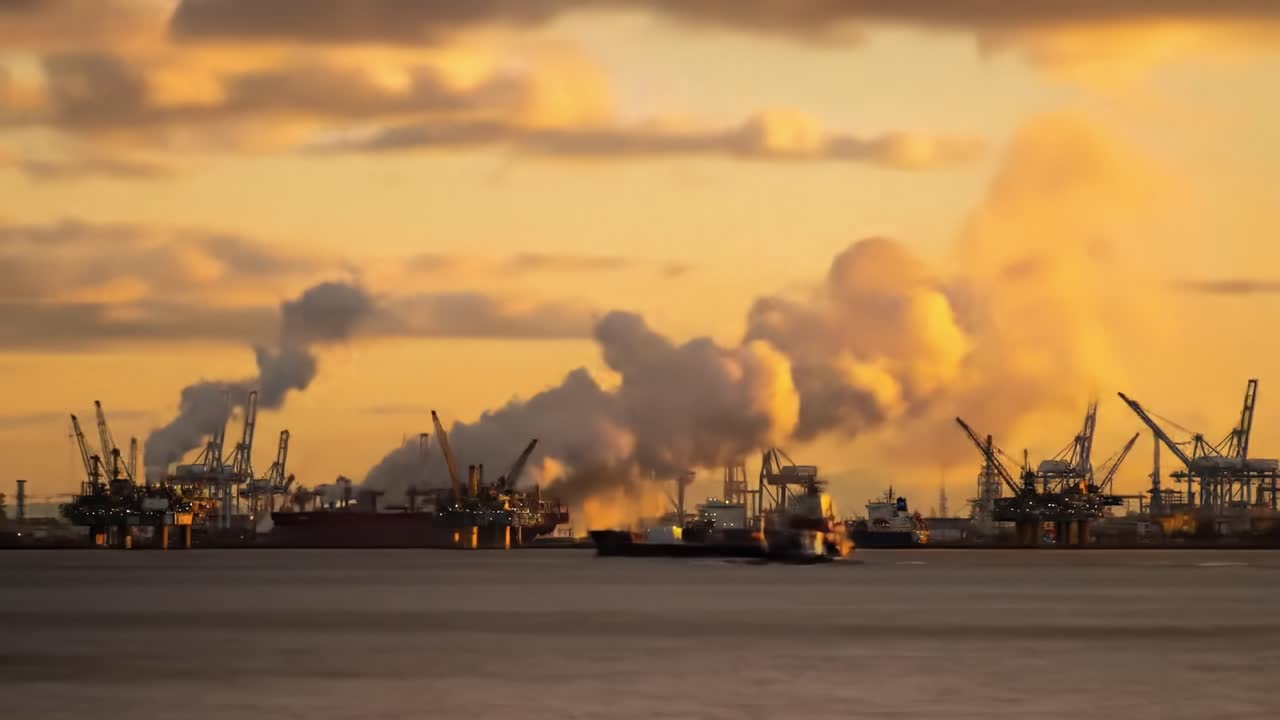 A Majestic Sunset Over Industrial Port: Scenic View of Cargo Ships and Cranes Amidst Billowing Smoke, Highlighting the Beauty of Maritime Operations and Urban Landscape