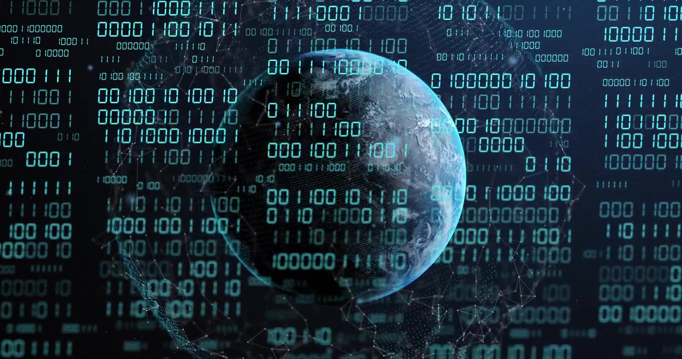 On load binary starting, globe rotating left, digits shifting and mesh pulsing, showing data flow