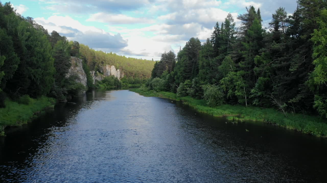 Scenic River Landscape with Forest and Cliffs