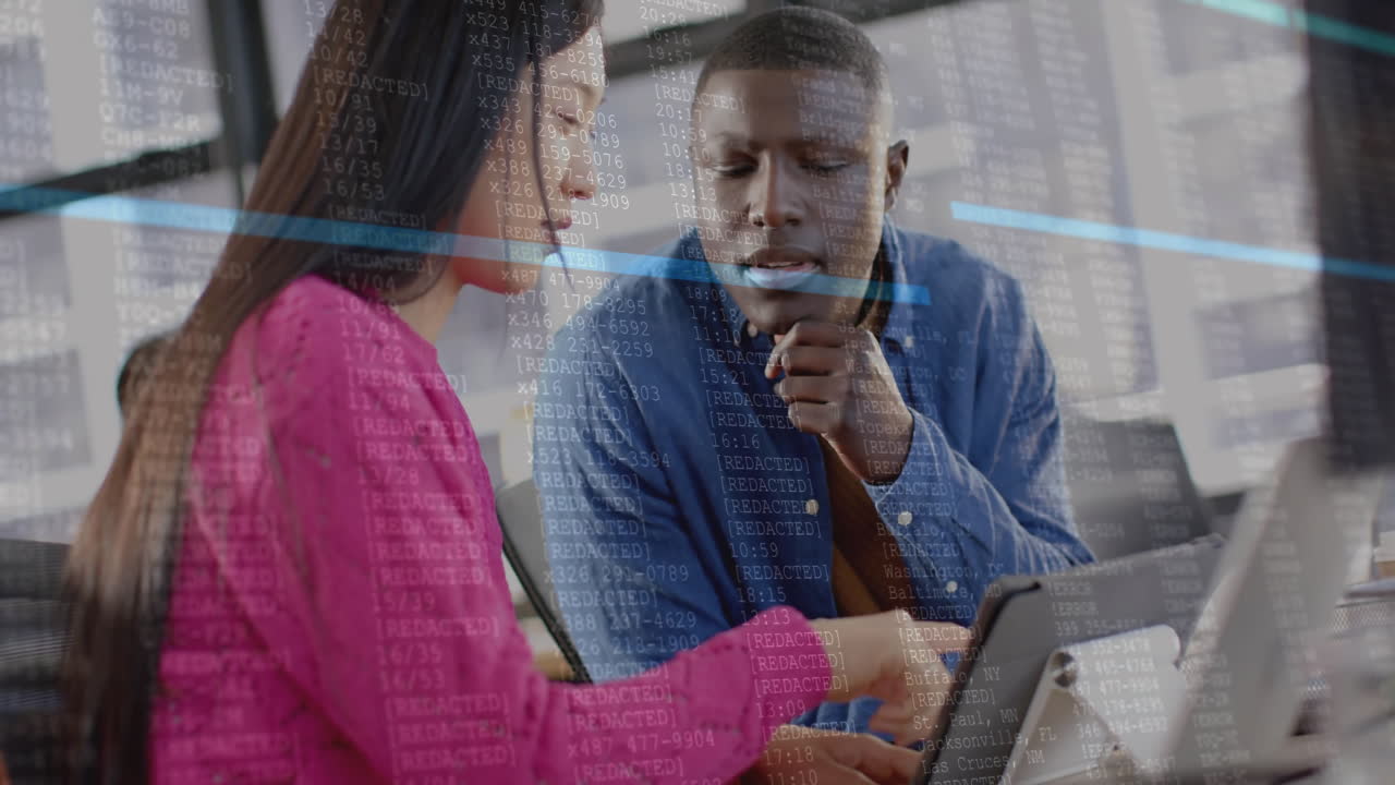 Animation of financial data processing over diverse businesspeople working in office