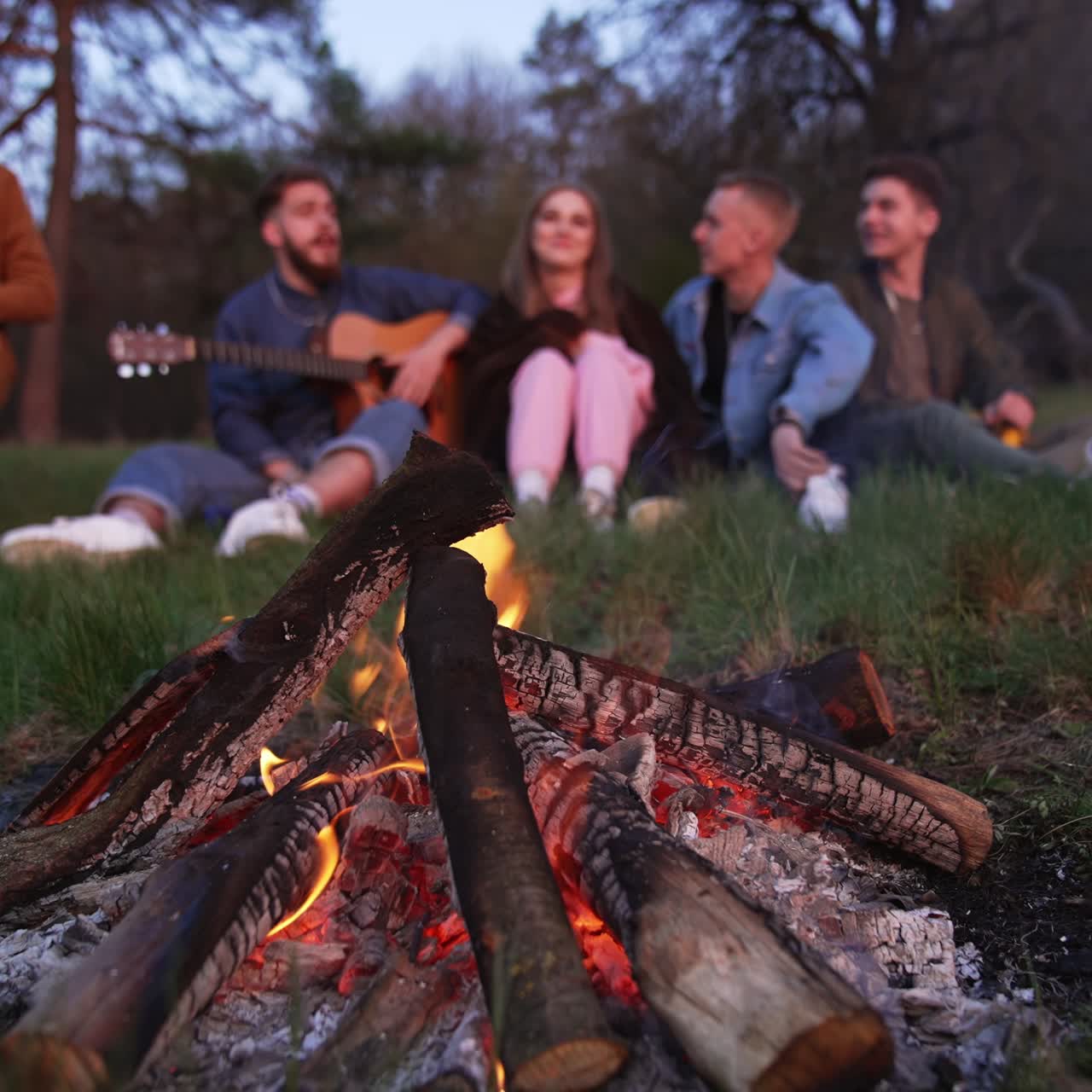 Group of people traveling with guitar. Friends sitting near the fire and playing with guitar