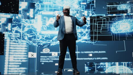 young african american engineer focused on vr headset programming