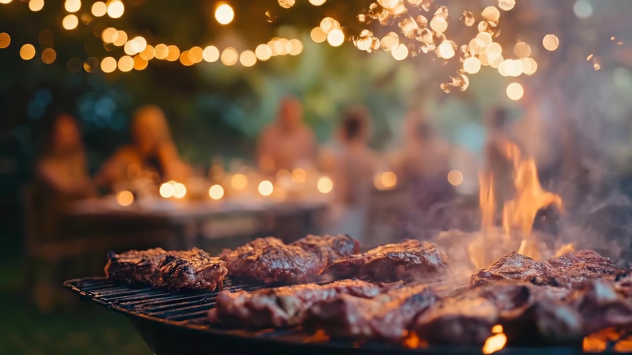 Deliziose bistecche alla griglia a una festa serale all'aperto