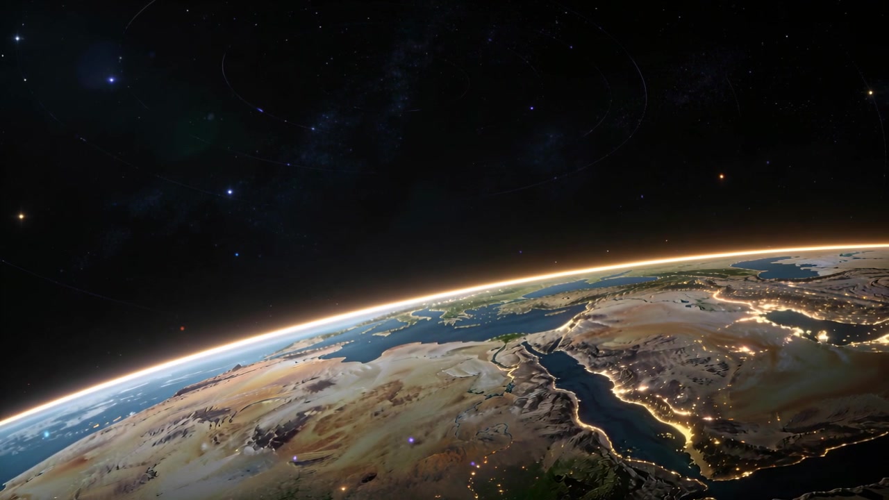 Orbiting camera revealing curved Earth from low orbit, sunlight lighting limb glow and coast lights
