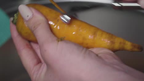 women's hands wash, peel and cut vegetables into vegetable stew