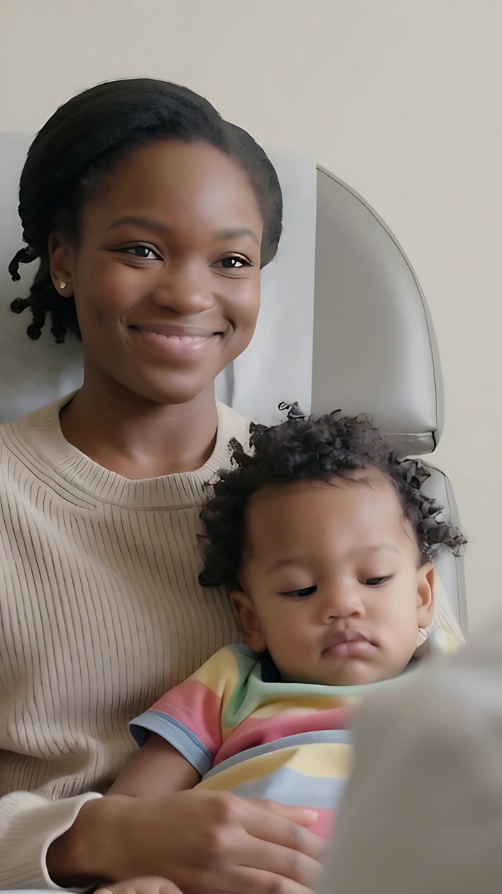 Vídeo vertical: Mãe ouvindo segurando bebê na clínica enquanto clínico de jaleco branco fala, sorrindo.
