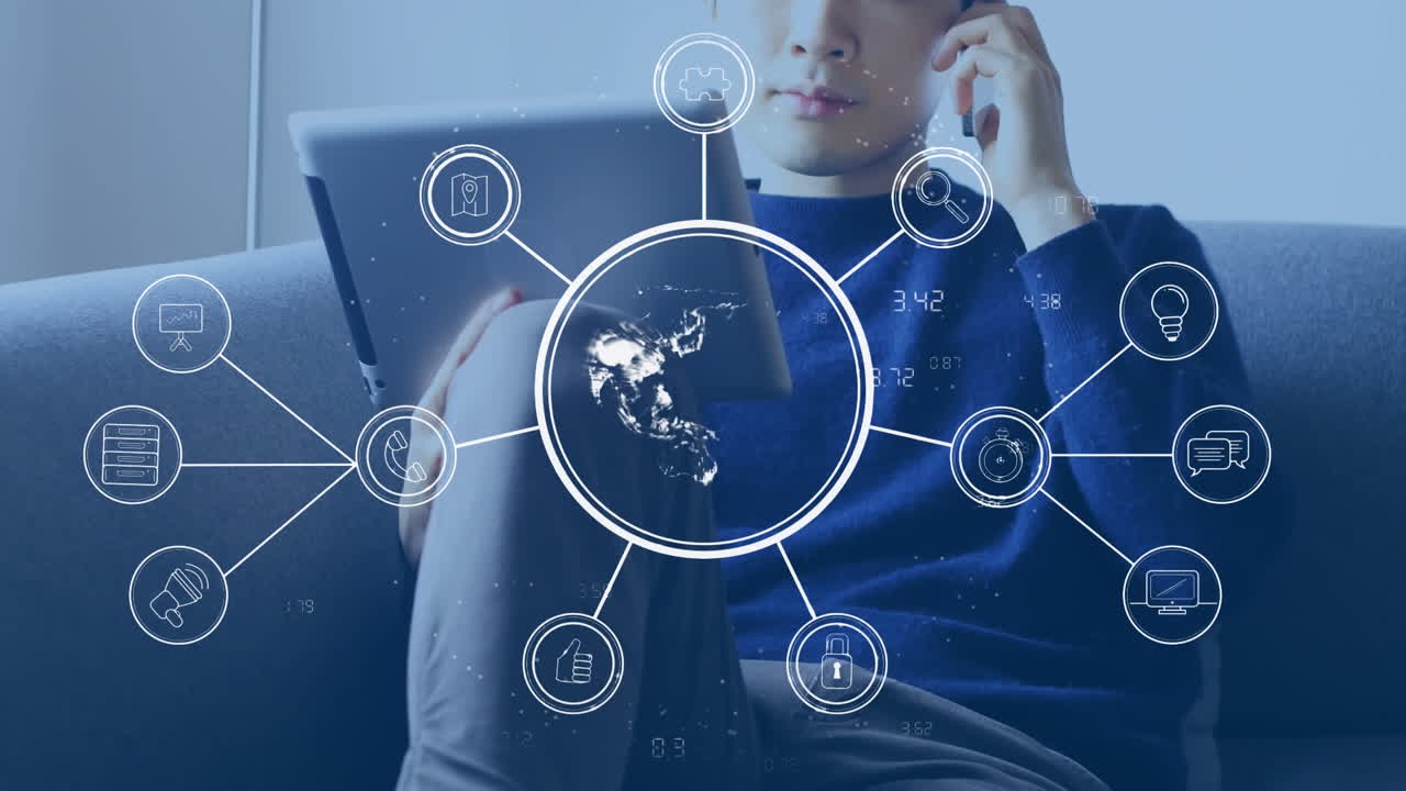Globe of network of connections against man using digital tablet