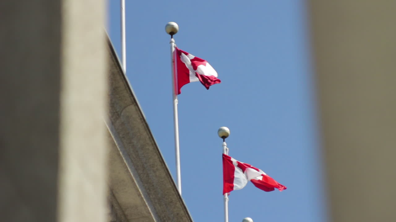 las banderas canadienses soplando en el viento