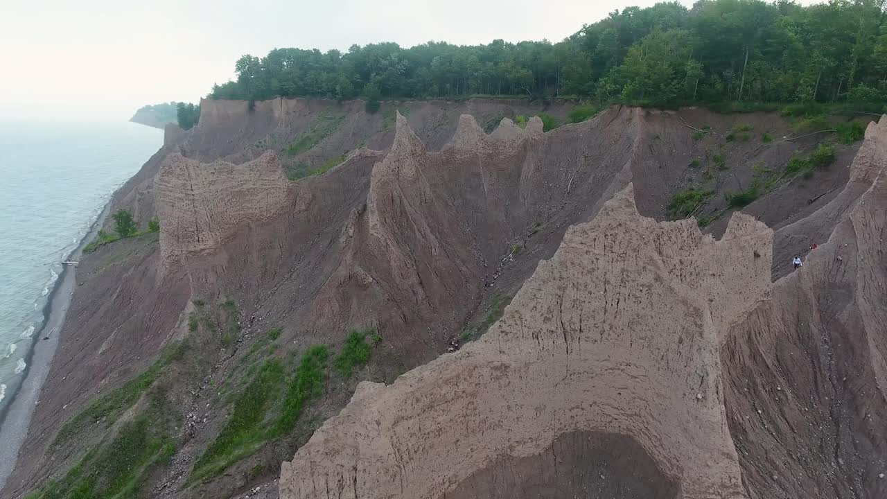 A 4K drone shot over the large clay formations of Chimney Bluffs State Park, on the water's edge of Lake Ontario, in the town of Huron, New York