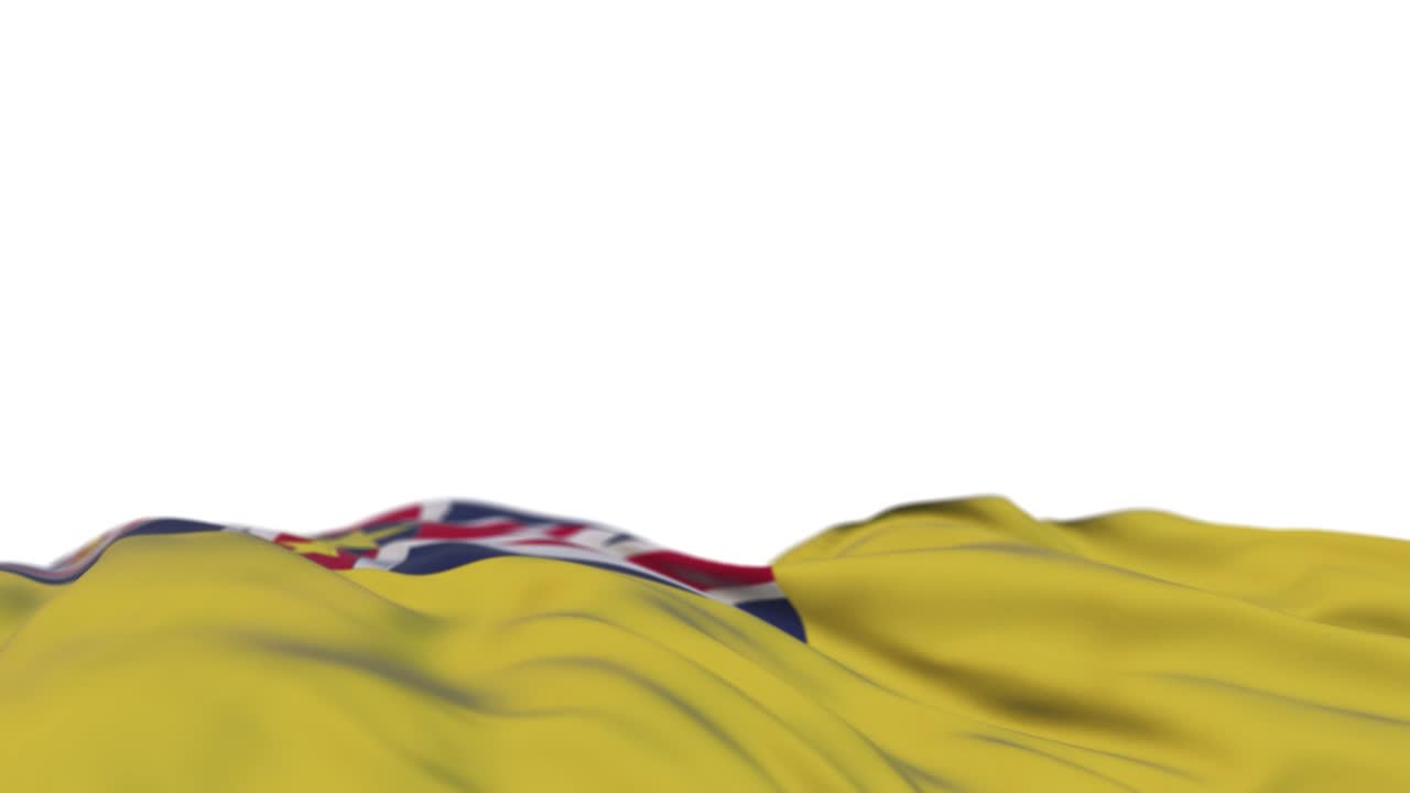 bandera de tela de niue ondeando en el bucle del viento. estandarte de tela cosida de bordado de niuean balanceándose en la brisa. fondo blanco medio lleno. lugar para el texto. bucle de 20 segundos.
