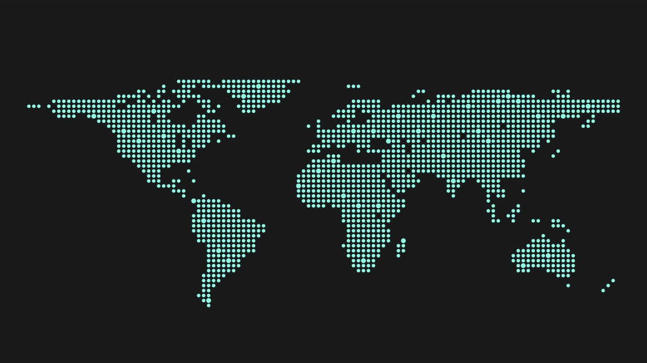 mapa del mundo pixelado de color verde vibrante sobre un fondo negro
