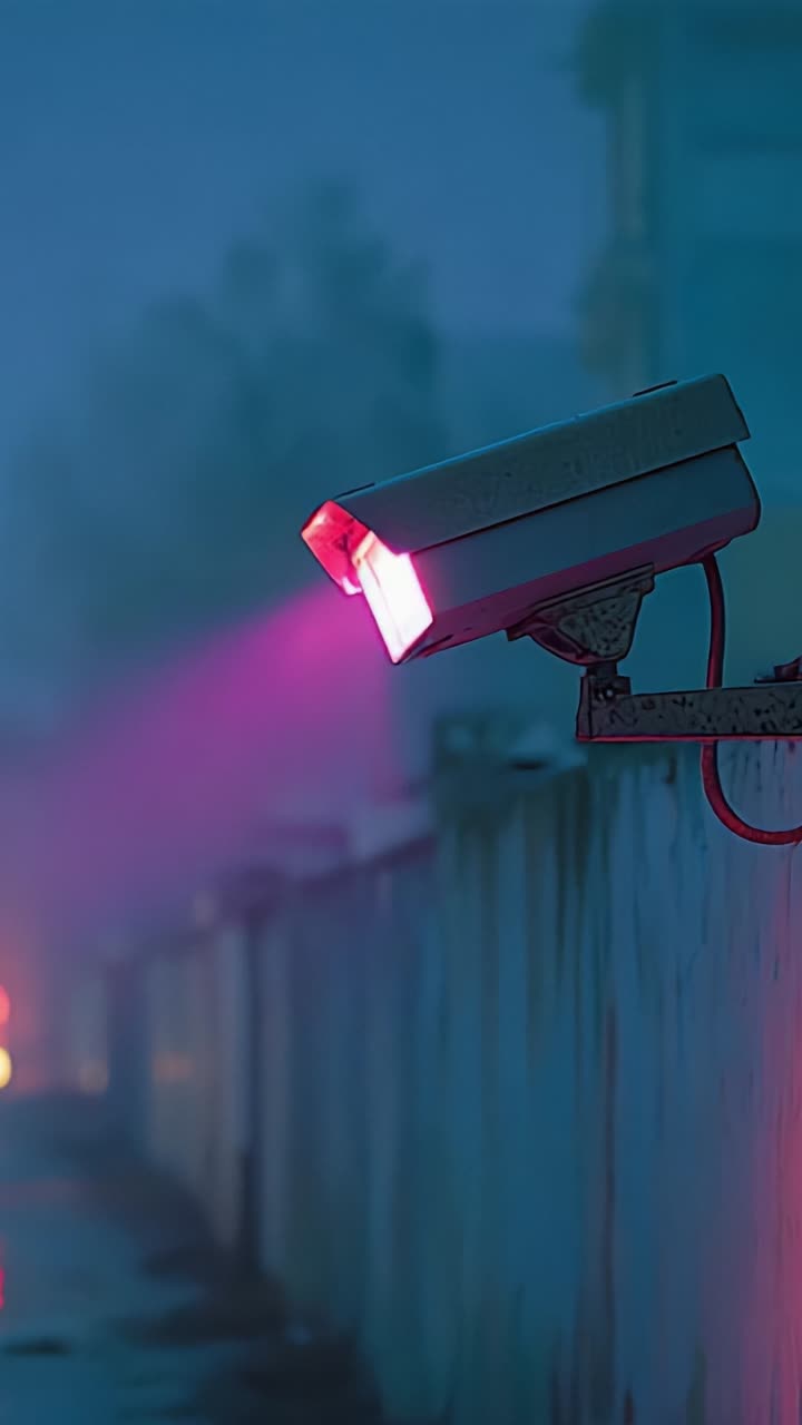 Una telecamera di sorveglianza illuminata da luci al neon, che cattura il bagliore ambientale di una serata nebbiosa, fondendo tecnologia, estetica urbana e colori vivaci