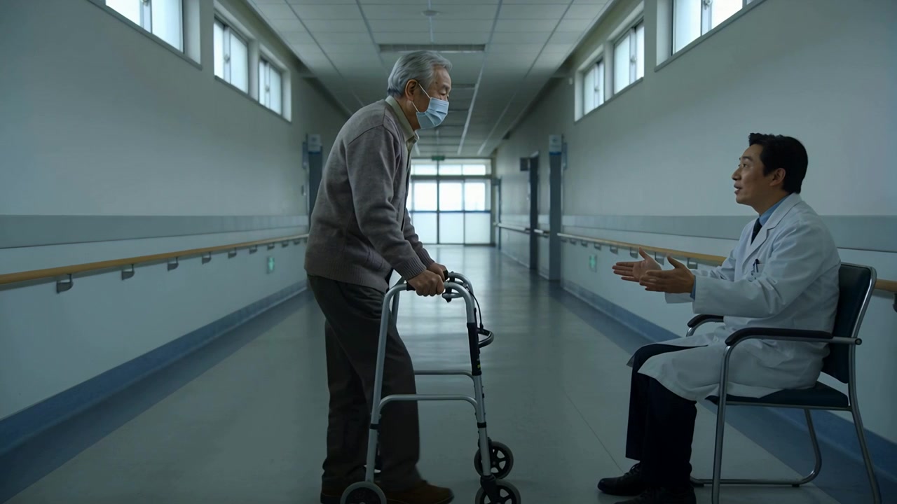 Eldre pasient går med firehjuls rullator på rehabiliteringsavdeling etter legens anvisning, iført genser.
