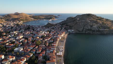 myrina limnos greece, costal city capital in north aegean greek island, aerial panoramic view of city center and old town, point of interest shot
