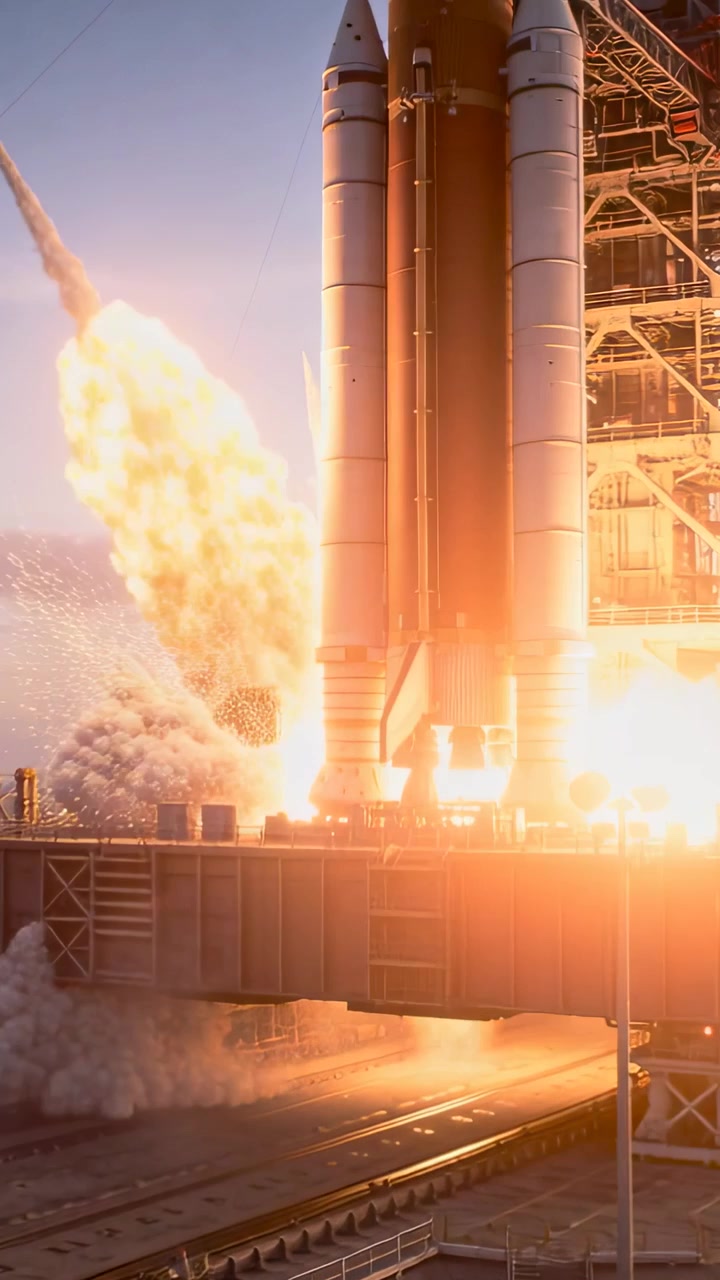 Vertical video: Igniting rocket firing engines and lifting for orbit at coastal pad, with boosters