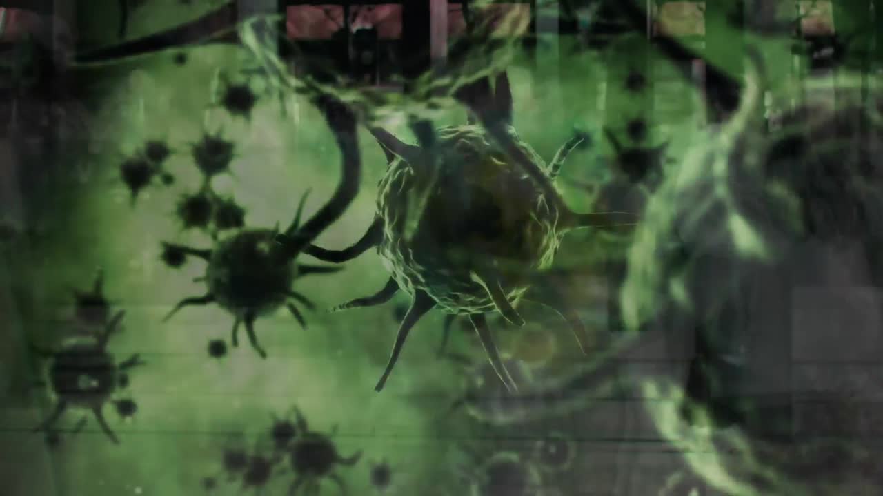 거리를  ⁇ 고 있는 사람들 위에 있는 코로나 19 세포의 애니메이션