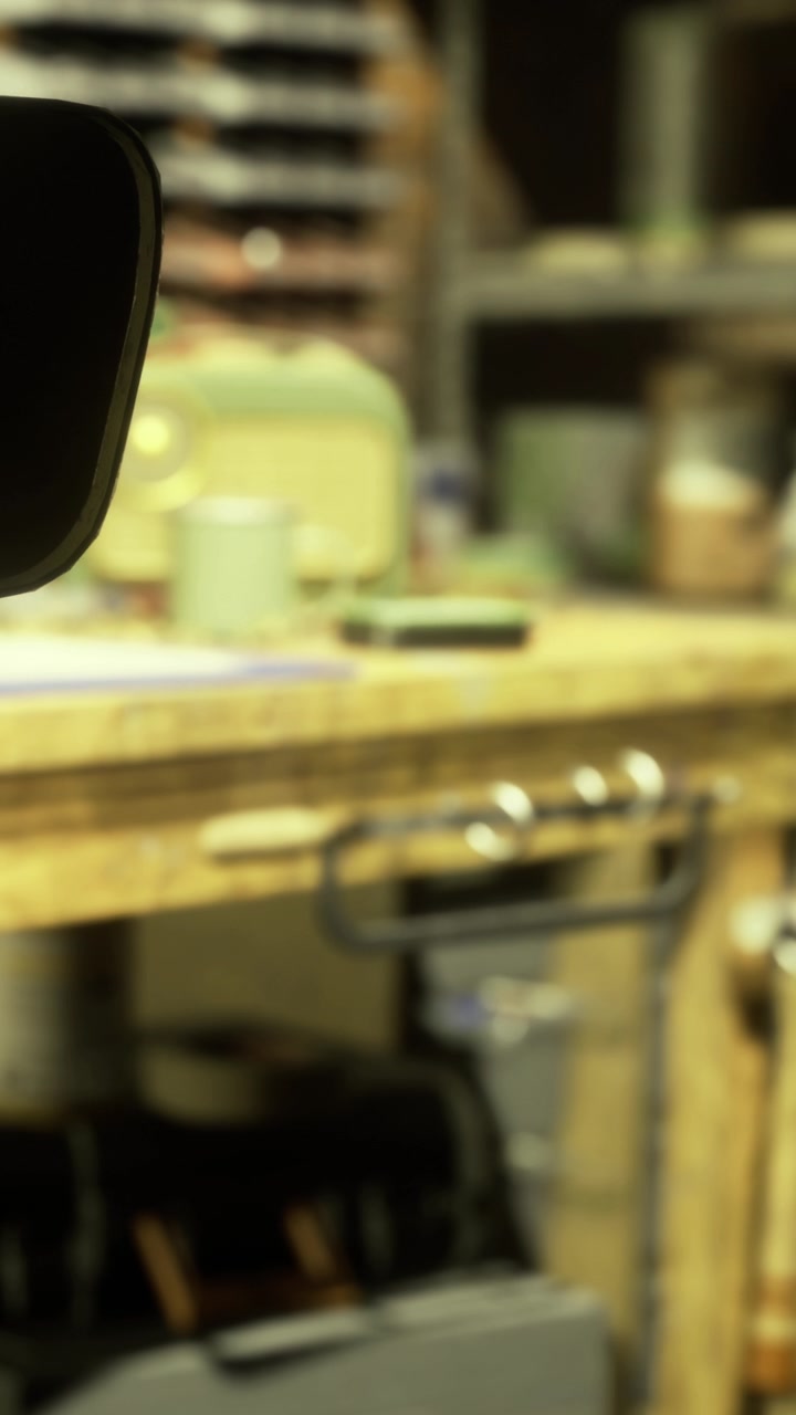 Scena di officina che mostra attrezzi e attrezzature su un tavolo di legno