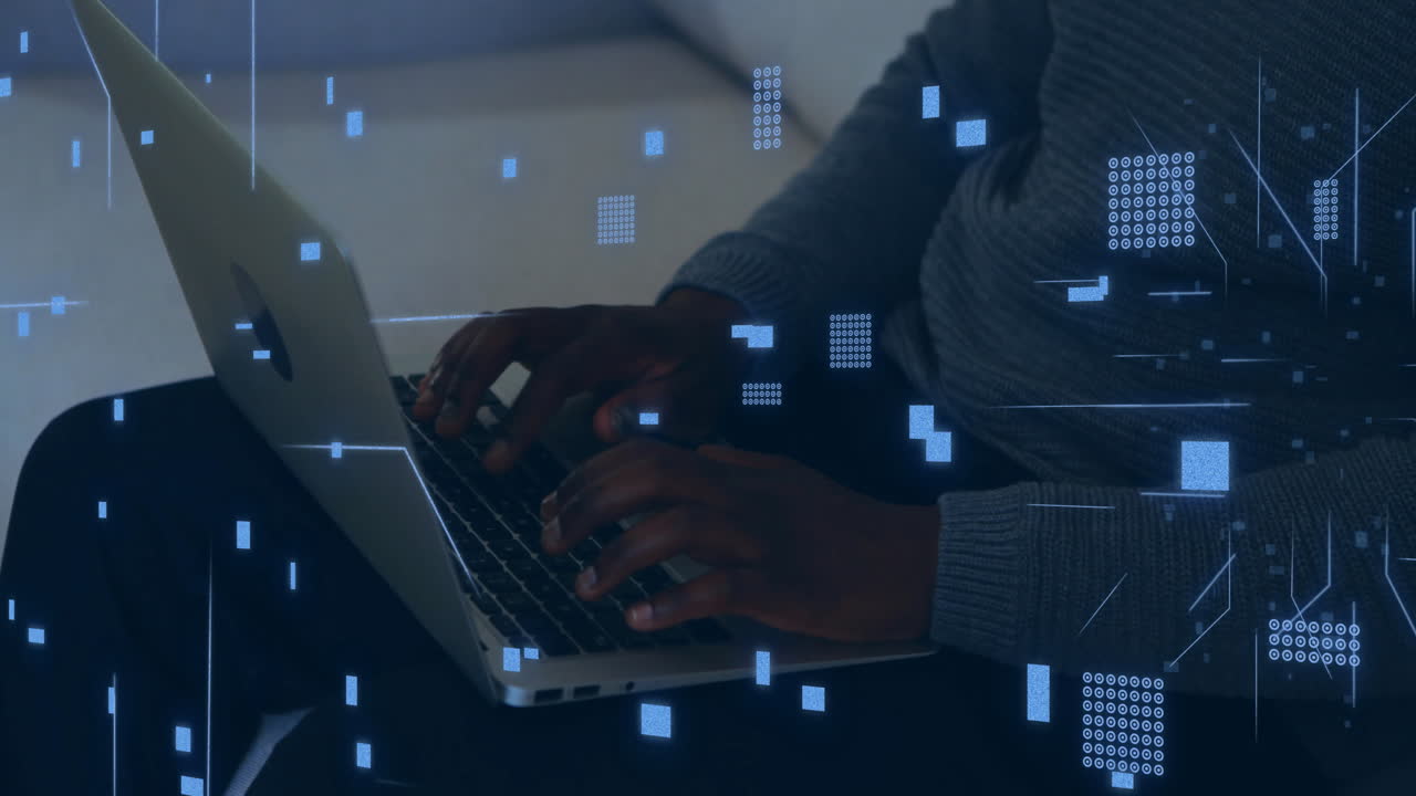 Animation of circuit board with data processing over caucasian man using laptop