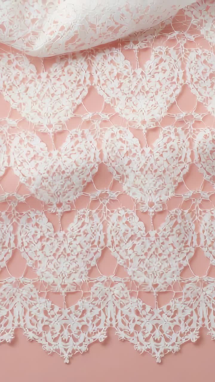 Vertical video: Entering from top, fuzzy tube sliding over heart lace on pink base, casting shadow