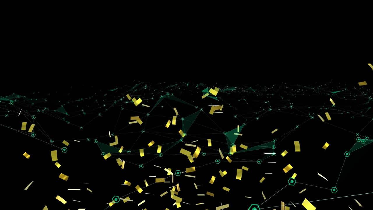검은색 바탕에 연결망 위에 떨어지는 금색 콘티의 애니메이션