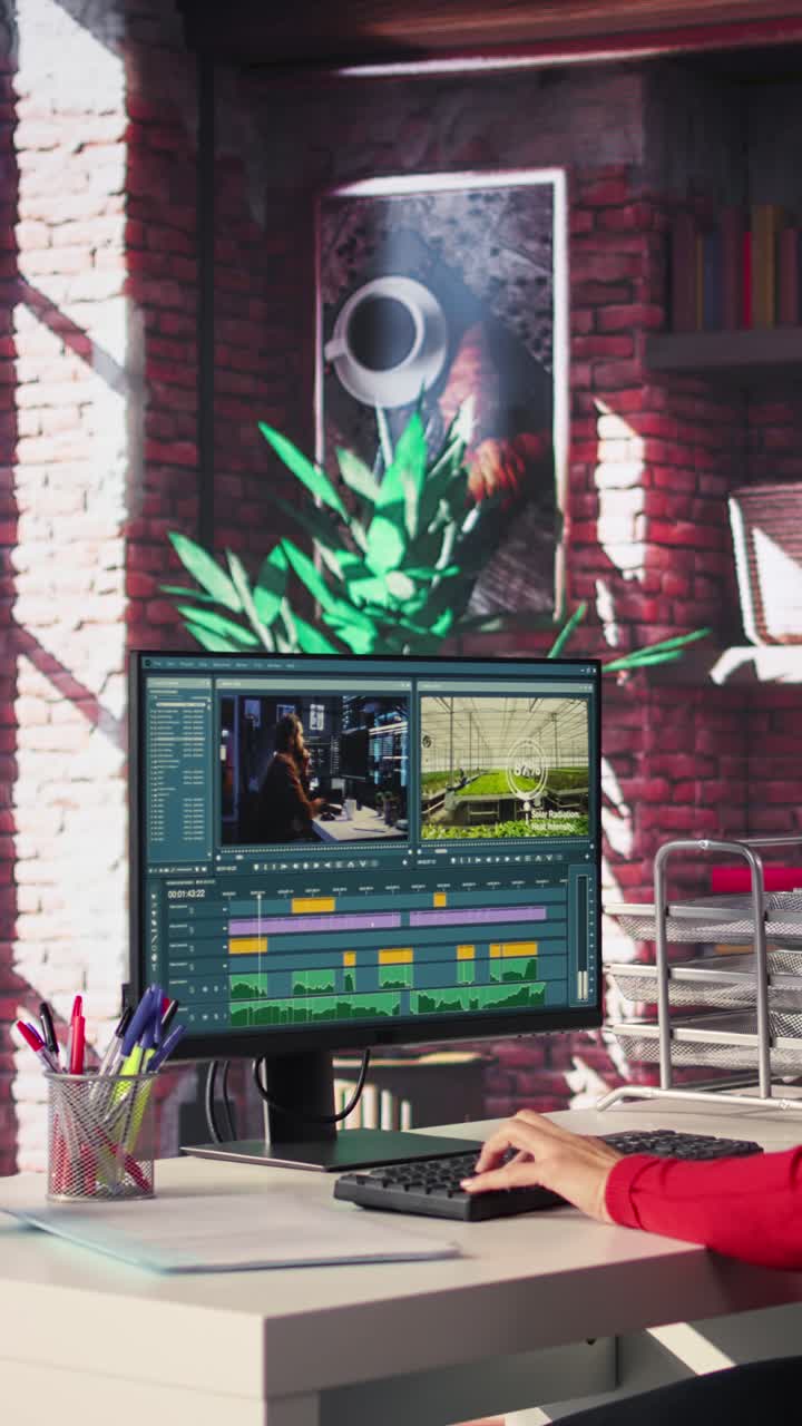 Vertical Video Focused editor woman works on video montage in a creative software