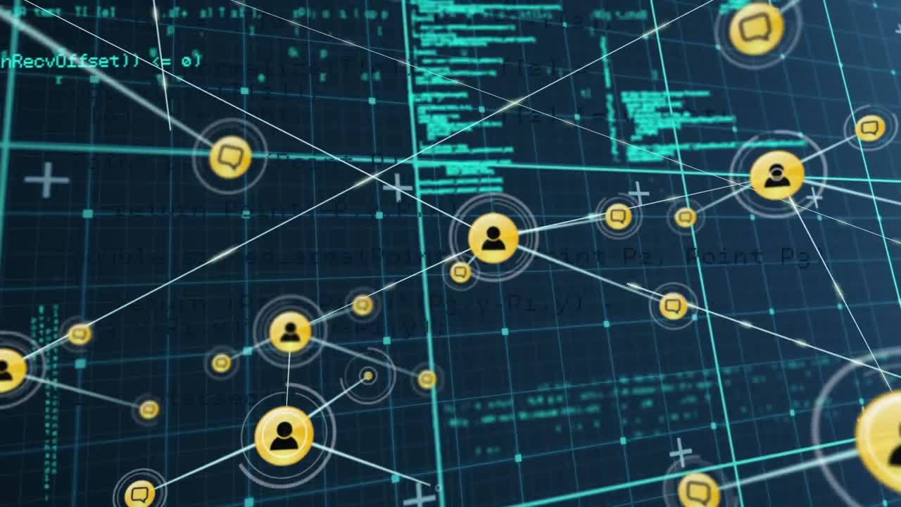 animación de la red de iconos digitales y procesamiento de datos contra un fondo azul