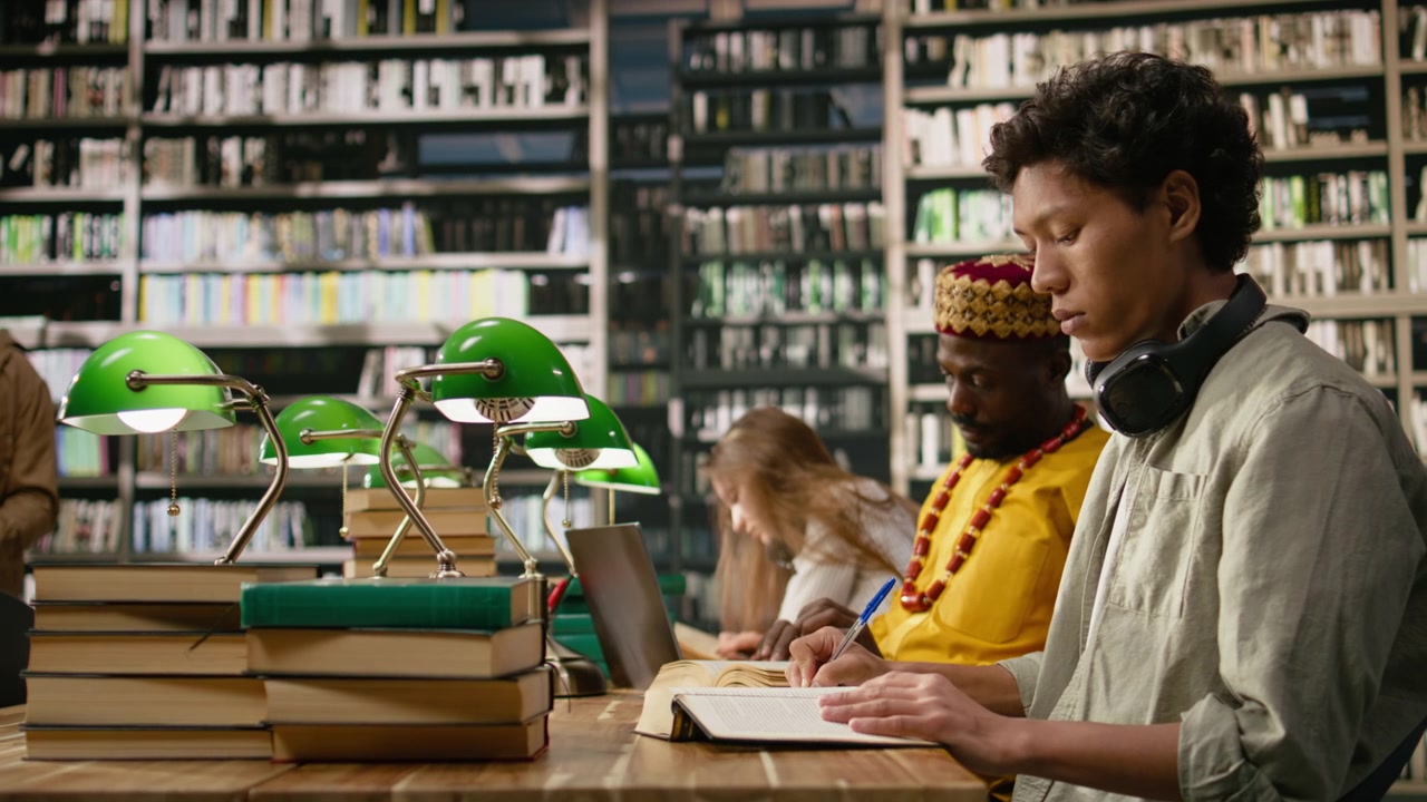 Studente con cuffie legge un libro aperto in un'area studio della biblioteca