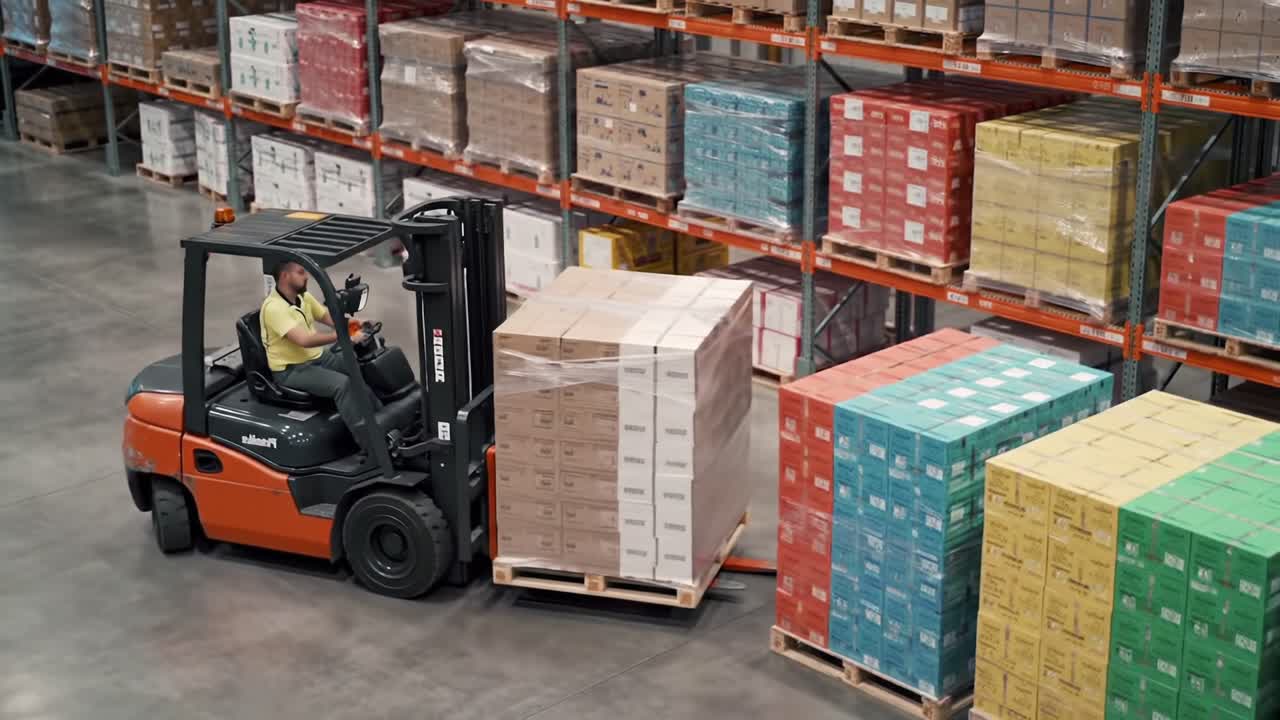A warehouse worker skillfully operates a forklift, transporting a stack of boxes while navigating through organized aisles of colorful stacked pallets in a busy distribution center