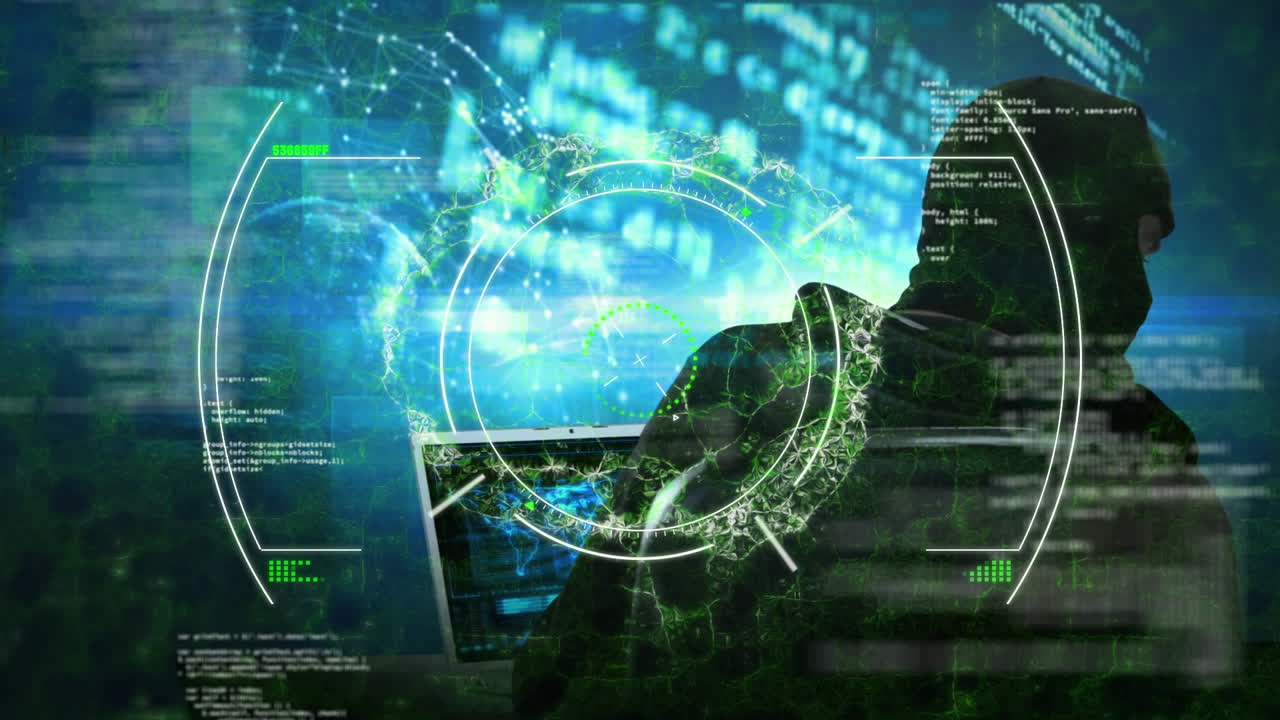 animación del visor, las luces, los datos y el cerebro sobre el hacker caucásico masculino