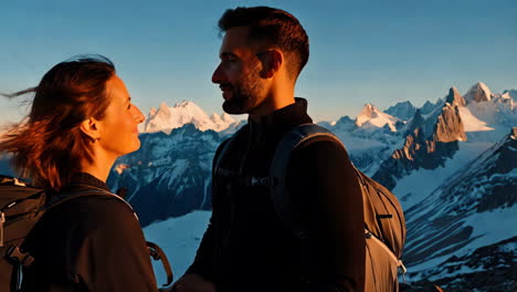 couple hiking at sunrise in the mountains