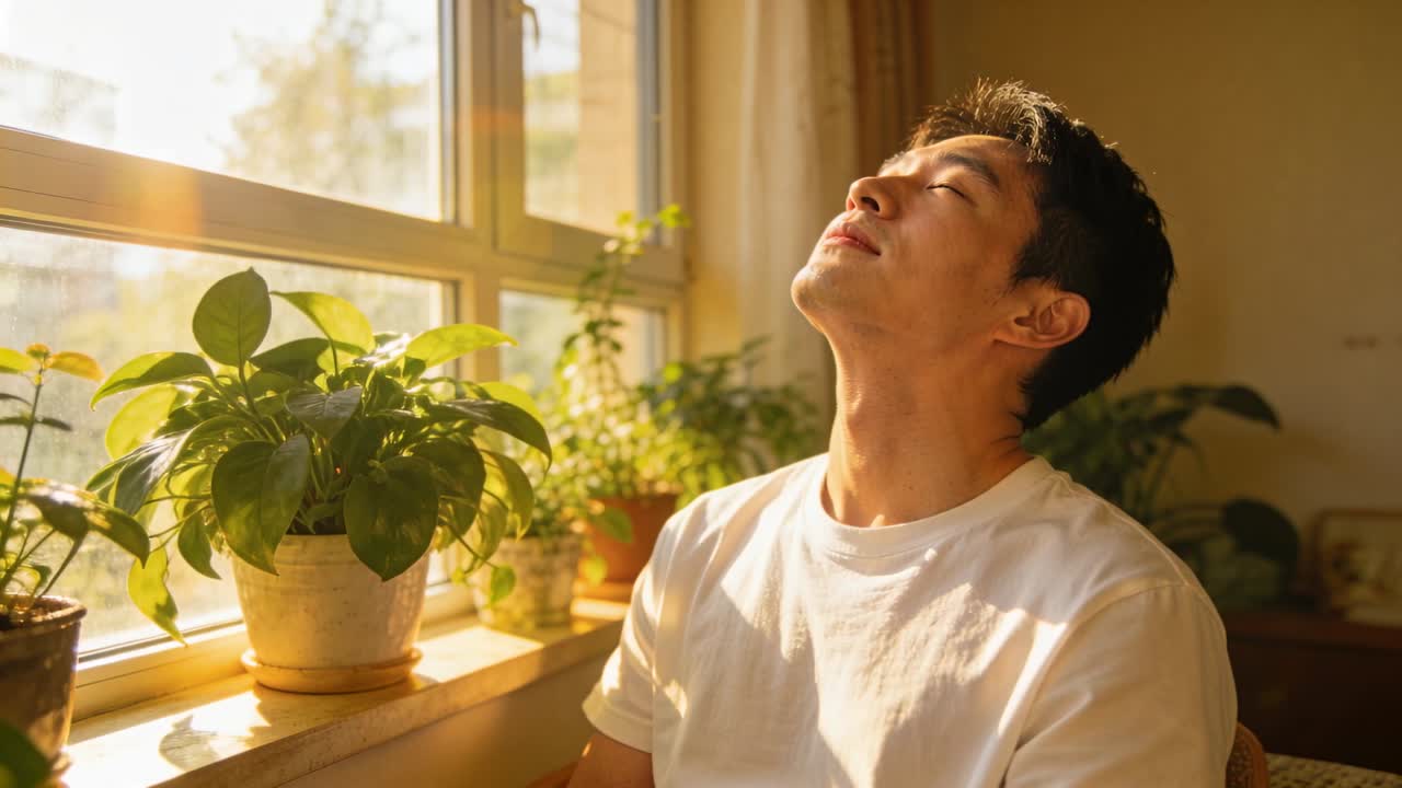 陽光が差し込む中、白いTシャツを着たアジア人男性が、植物のある窓辺で目を閉じ、リラックスして体を傾けている。