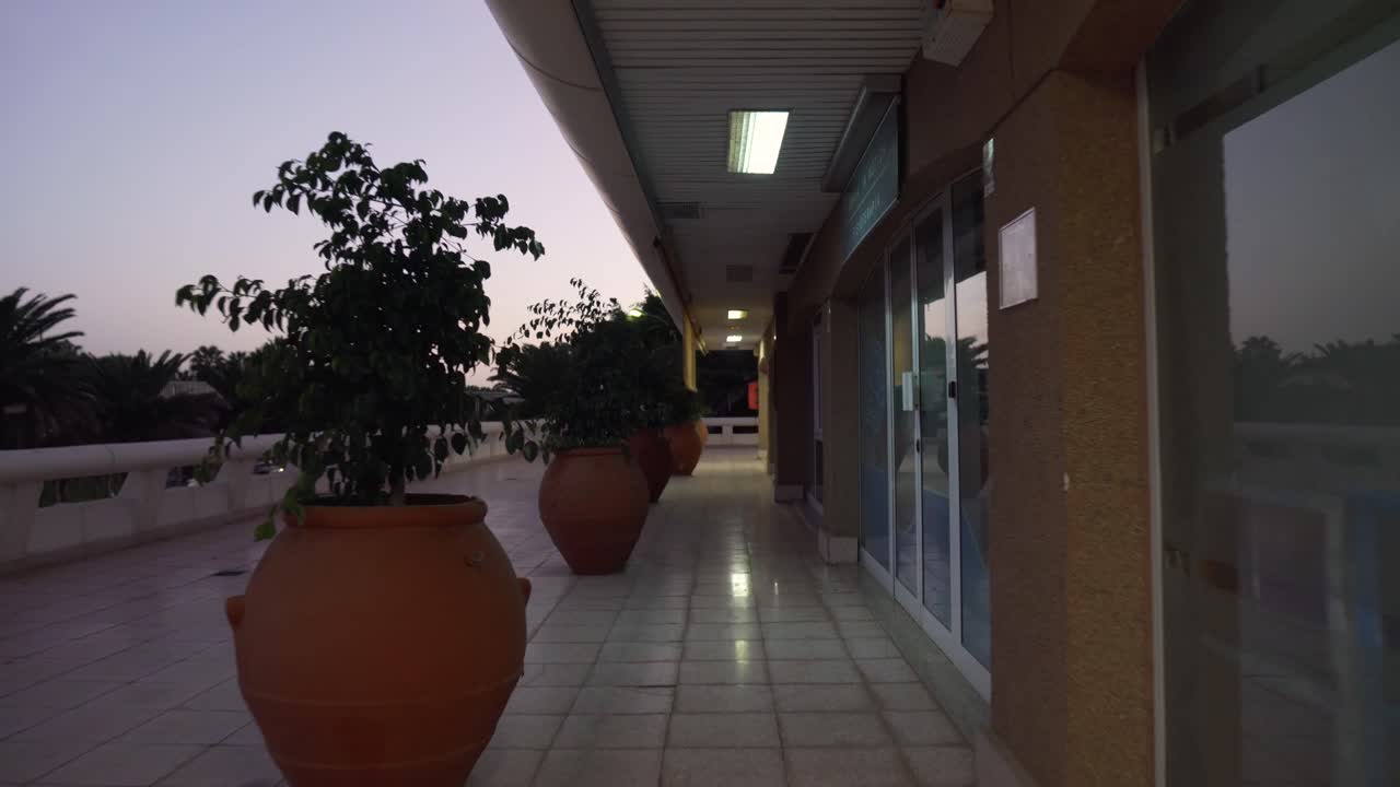 vista exterior de un edificio por la noche con plantas y patio