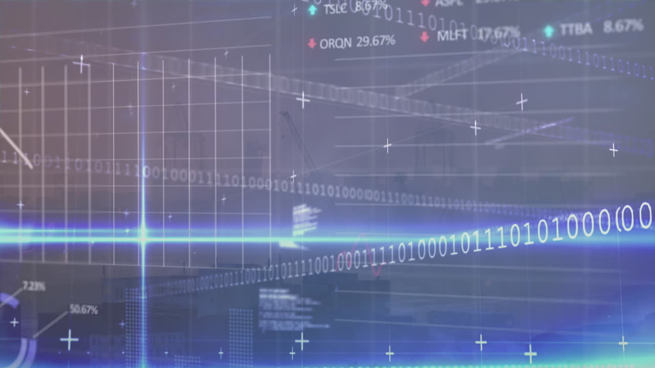 주식 시장 데이터 처리 및 푸른 빛 트레일의 애니메이션은 도시 풍경의 공중 전망과 대비됩니다.