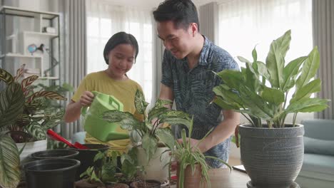 father and daughter watering home plants at wooden table indoors