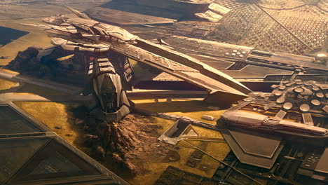 Animation-of-futuristic-military-base.-Landscape-with-hangars,-marine-barracks,-spaceships-and-central-fortress-building.-Animation-is-perfect-background-for-sci-fi-scenes.