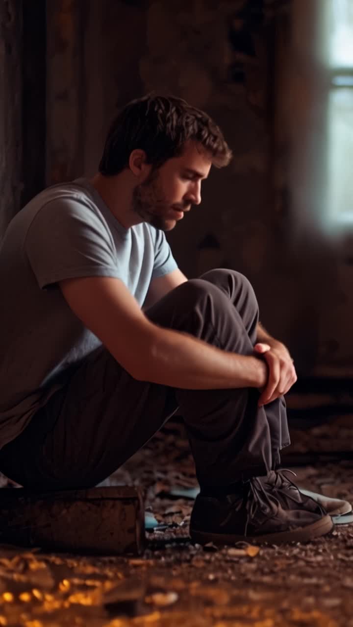 Un giovane uomo contemplativo è seduto da solo in uno spazio abbandonato e scarsamente illuminato, riflettendo sui suoi pensieri ed emozioni, circondato da un'atmosfera di solitudine.