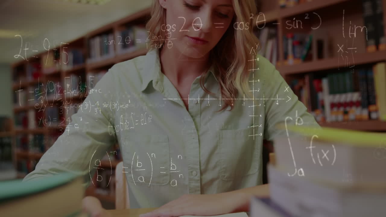 Animation of mathematical equations over female student studying in library