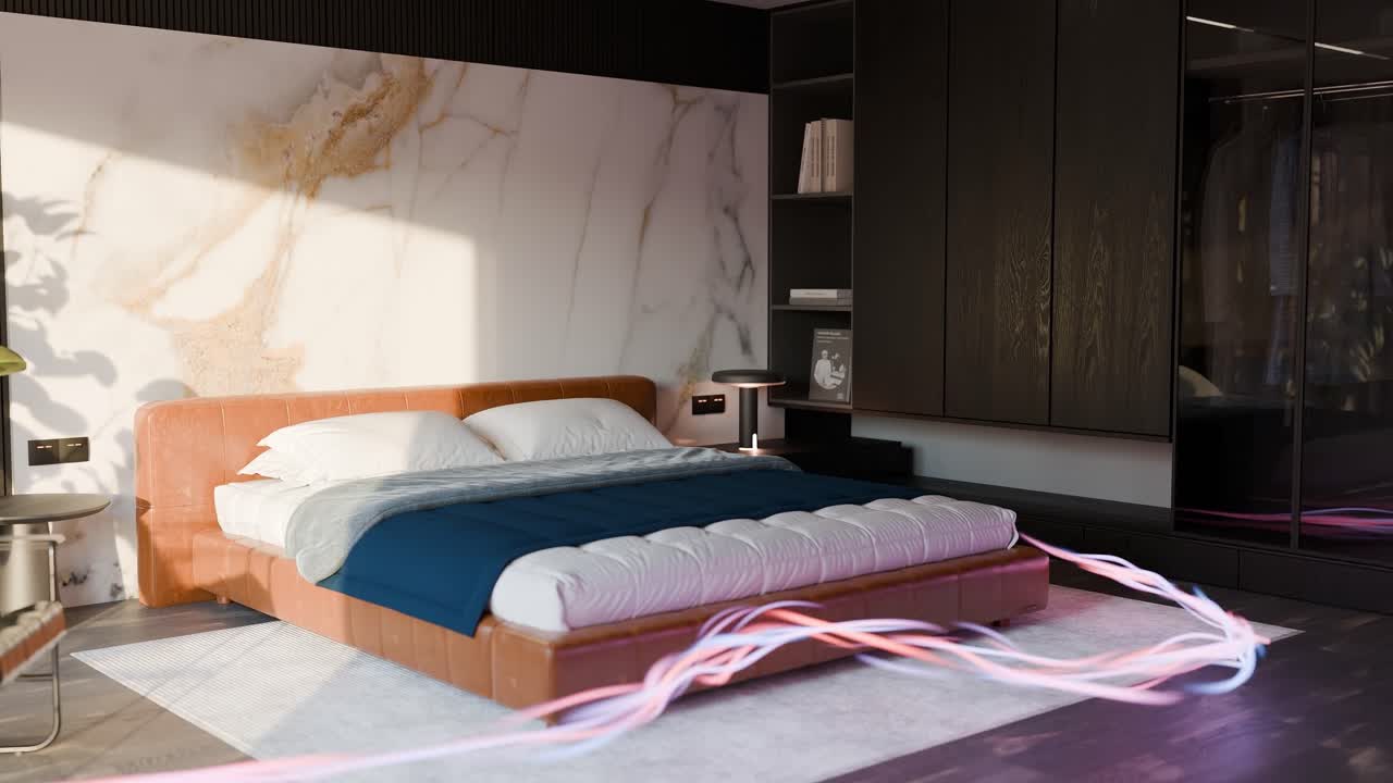 Interno di camera da letto moderna con letto a piattaforma basso, parete d'accento in marmo e luce naturale soffusa. Mobili contemporanei e armadi in legno scuro. Concetto di arredamento e design d'interni