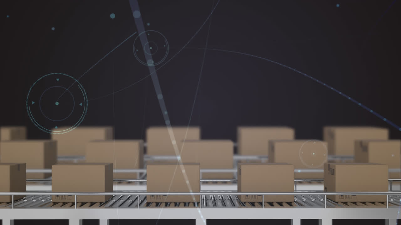 animación de la red de conexiones sobre cajas en cintas transportadoras en el almacén