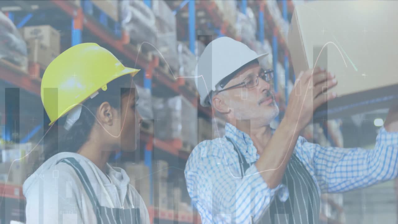 animación de estadísticas y procesamiento de datos financieros sobre hombres y mujeres que trabajan en almacenes