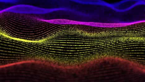 4k, astratto futuristico digitale onde blu particelle sfondo. anello senza cuciture. tecnologia concetto di sfondo d'onda digitale. bellissimo movimento ondulazione punti consistenza con particelle sfocate luminose. sfondo cibernetico o tecnologico. colore arcobaleno