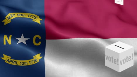 state of north carolina - ballots fly to box for north carolina selection - ballot box in front of flag - election - vote - national flag north carolina state wave pattern loopable elements - fabric texture and endless loop