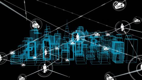 animación de la red de conexiones con iconos sobre el dibujo arquitectónico 3d de la ciudad en el fondo