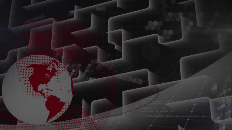 Animation of network of connections and data processing over dark background