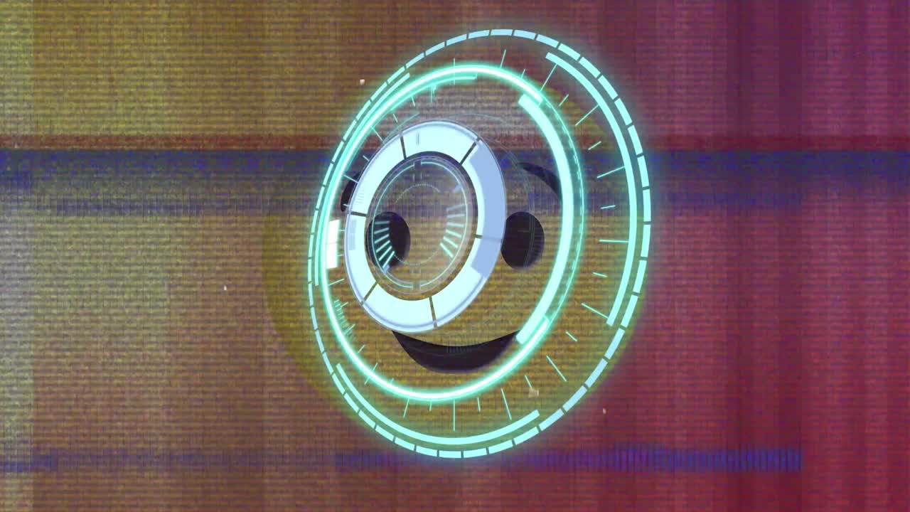 escáner redondo de neón y efecto estático de televisión sobre emoji de cara parpadeante contra un fondo de gradiente colorido