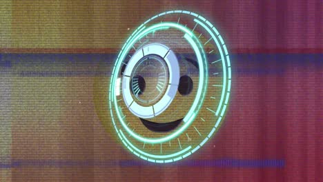 escáner redondo de neón y efecto estático de televisión sobre emoji de cara parpadeante contra un fondo de gradiente colorido